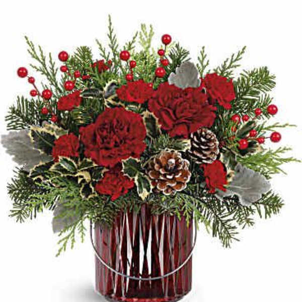 Red carnations in a red glass vase with pinecones and evergreen sprigs