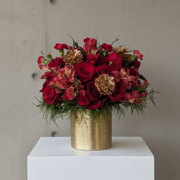 Red rose bouquet in a gold vase with pinecone accents