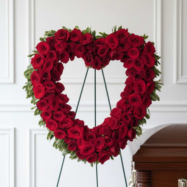Heart-shaped red rose funeral spray on a stand