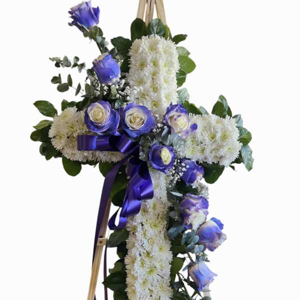 Purple roses cross arrangement