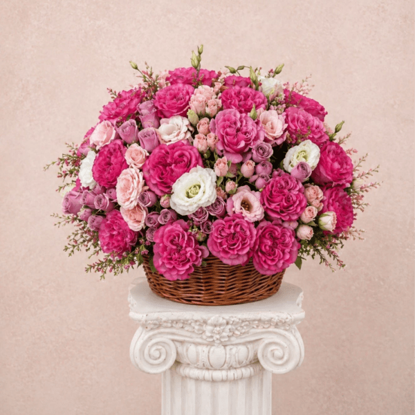 Basket arrangement of pink and white roses on a pedestal