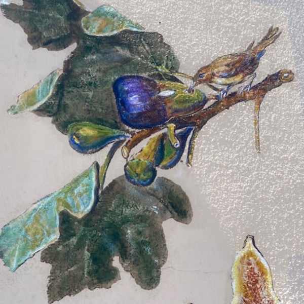 Abstract painting of dark green leaves and colorful bird-like forms on a light background