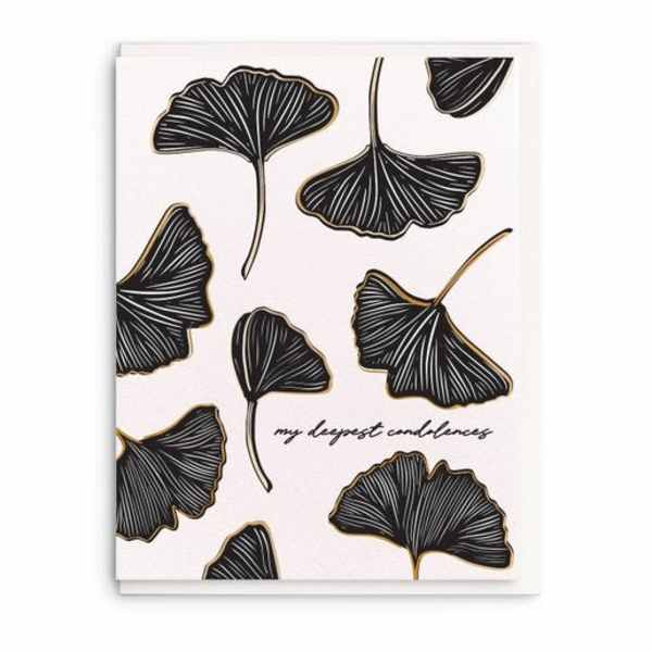 Sympathy card with black ginkgo leaves and the words "my deepest condolences"