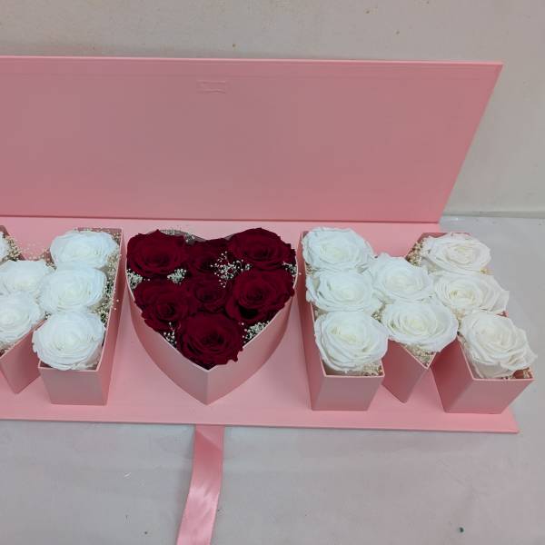 Pink gift box with white and red roses arranged in compartments