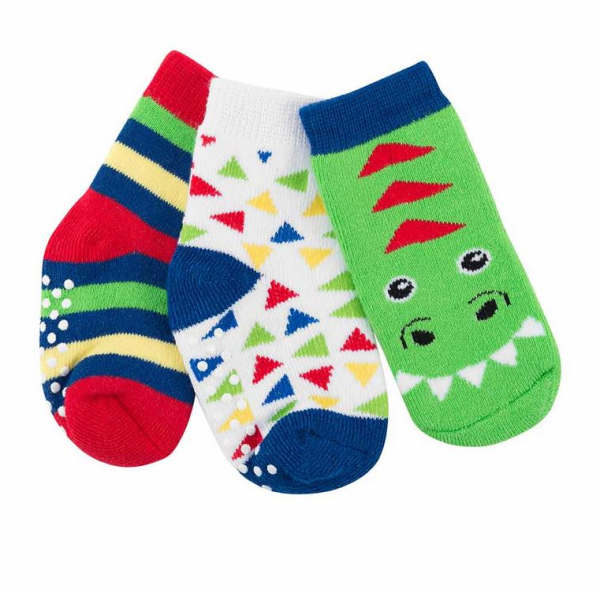 Three colorful patterned socks arranged together on a white background