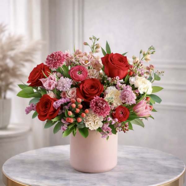 Mixed red and pink flower arrangement with roses and ranunculus in a pink vase on a round table.