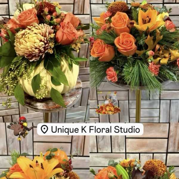 Four autumn floral arrangements with orange roses and lilies