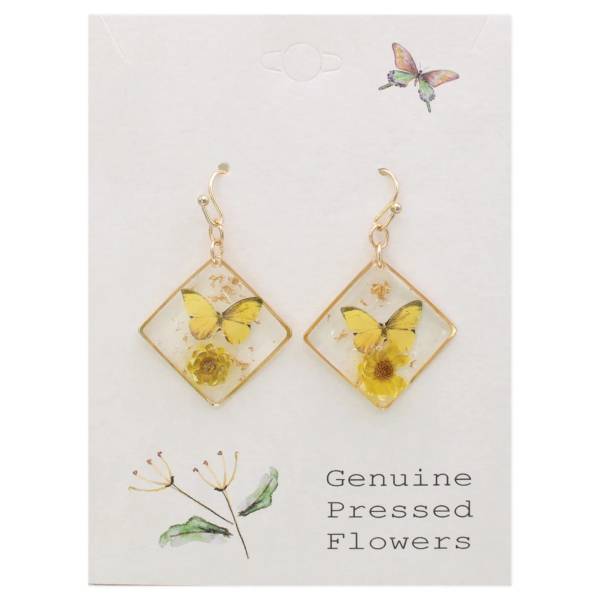 Pair of gold-tone earrings with yellow butterfly and flower inserts on a card