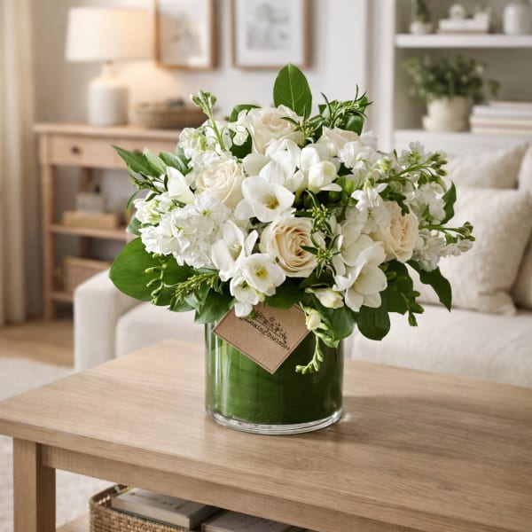 White roses and orchids arranged in a glass vase