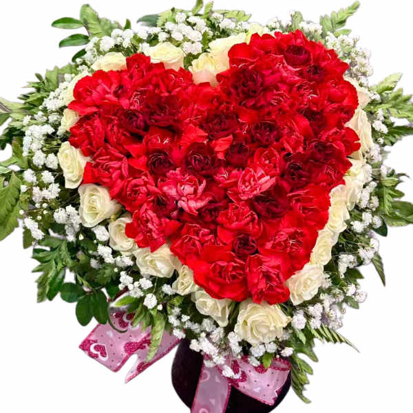 Heart-shaped bouquet of red and white roses with baby's breath