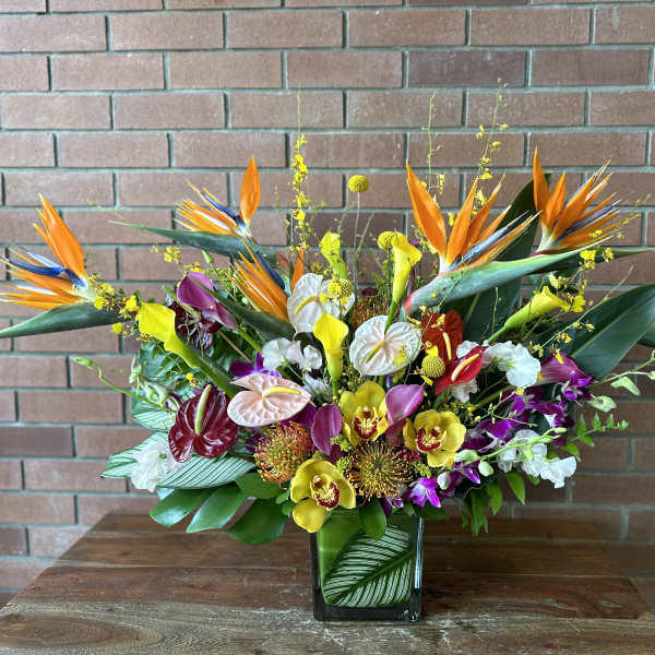 Tropical flower arrangement with orange bird-of-paradise and orchids in a glass vase