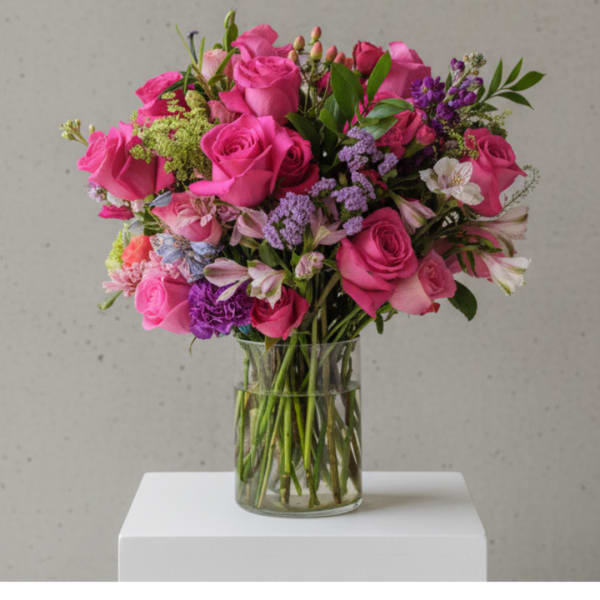 Pink rose bouquet in a clear glass vase