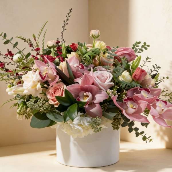 Low arrangement of pink orchids and roses with white and peach blooms in a white ceramic cylinder vase