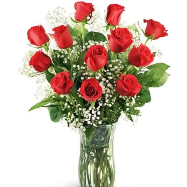 Red roses arranged in a clear glass vase with baby's breath