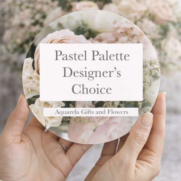 Hands holding a round floral card labeled "Pastel Palette Designer's Choice"