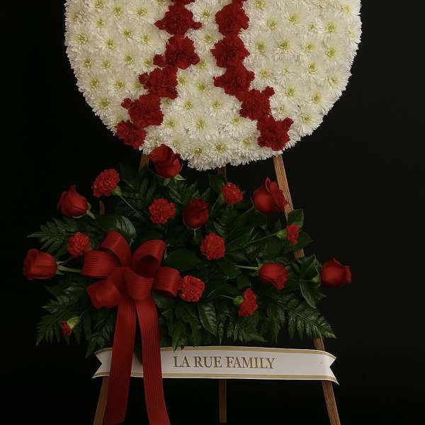 Baseball-themed white and red standing funeral spray on an easel with a red rose accent spray