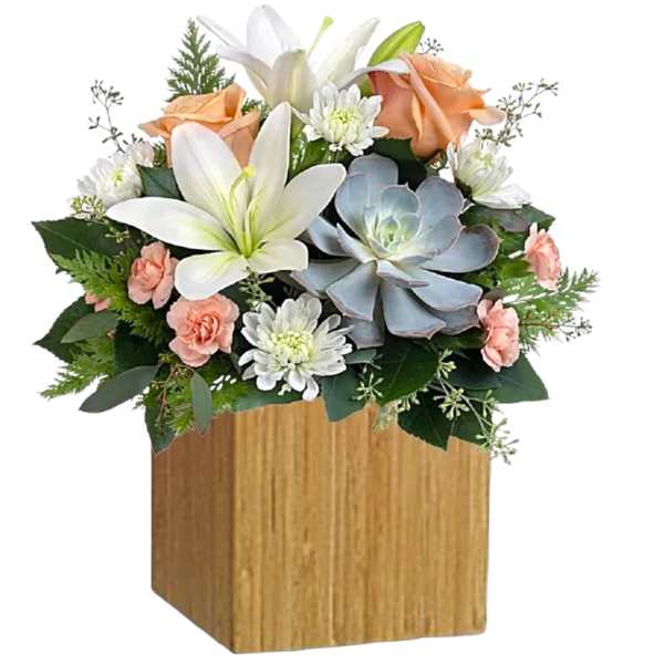 Flower arrangement with white lilies, peach roses, and a succulent in a wooden cube vase