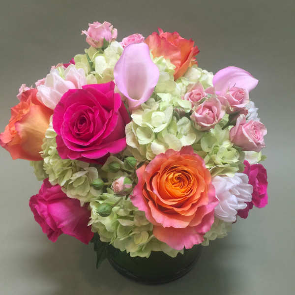 Mixed pink and orange roses with pale hydrangeas in a black vase