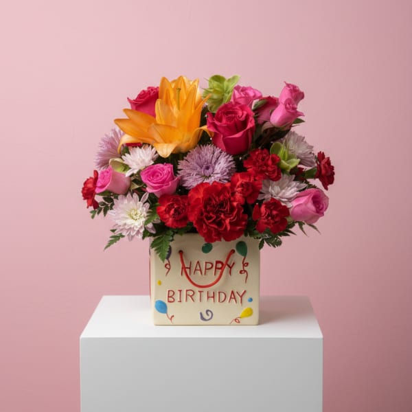 Mixed bouquet in a birthday gift box with pink, red, and orange flowers