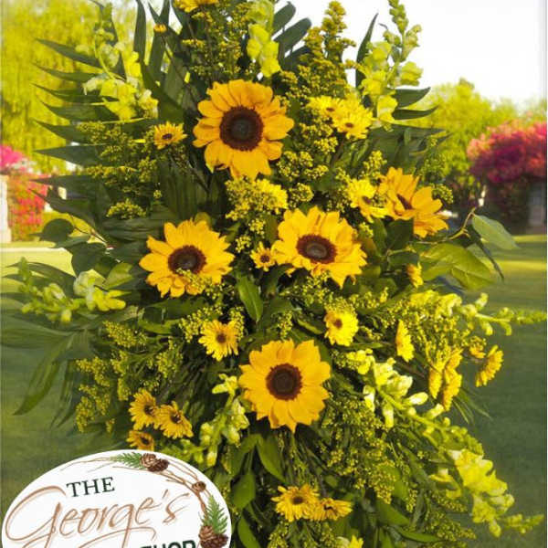 Tall yellow floral spray with sunflowers and greenery