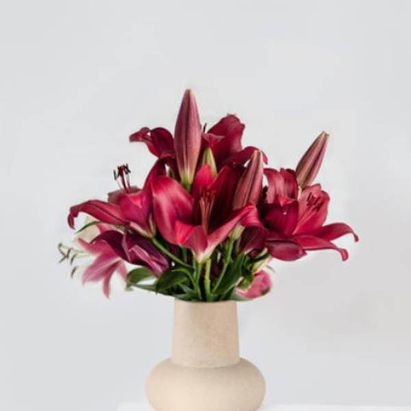 Deep pink lilies arranged in a beige vase