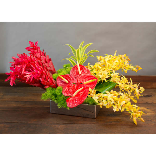 Tropical floral arrangement with red anthuriums and yellow orchids in a rectangular vase