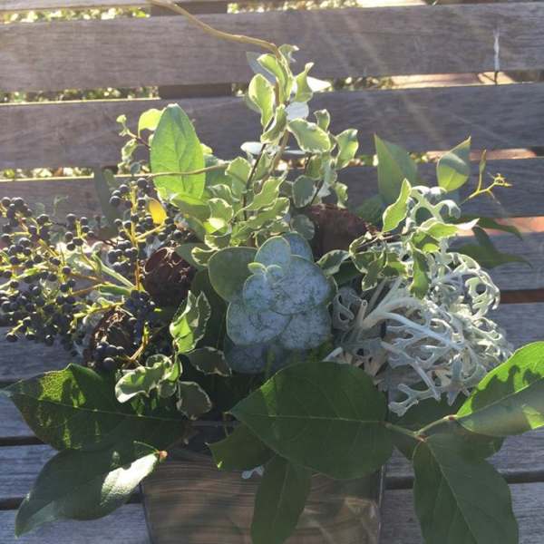 Green foliage arrangement in a square glass vase with dark berries