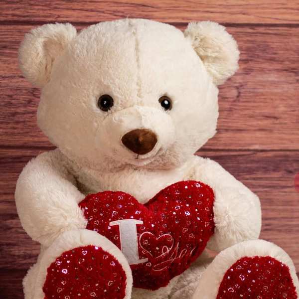 White teddy bear holding a red heart pillow