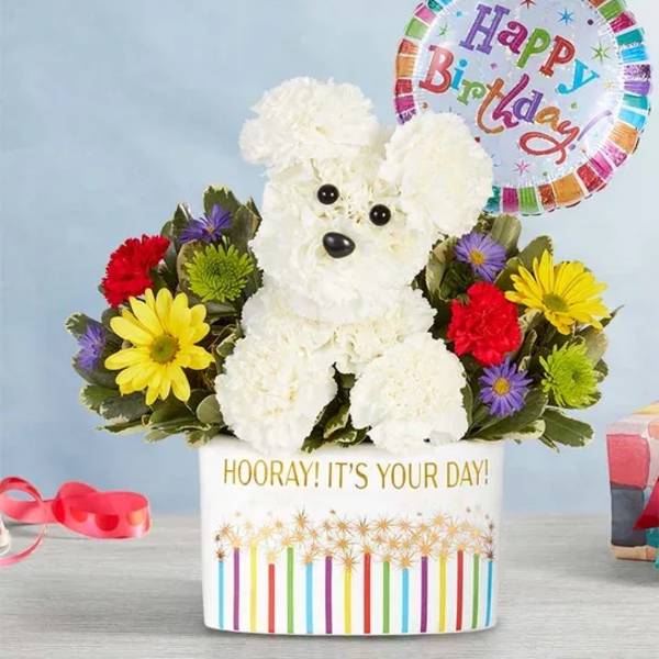 White flower dog arrangement with a birthday balloon in a decorated container
