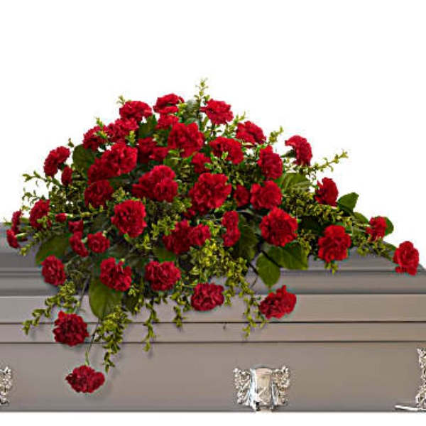 Red carnation arrangement on a gray casket