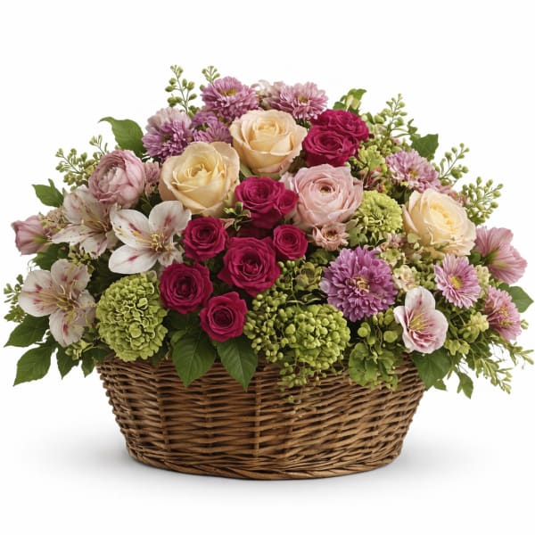 Mixed pink and cream flower arrangement in a wicker basket
