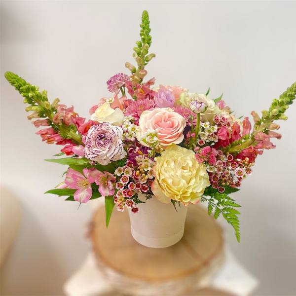Pink and cream flower arrangement in a white pot