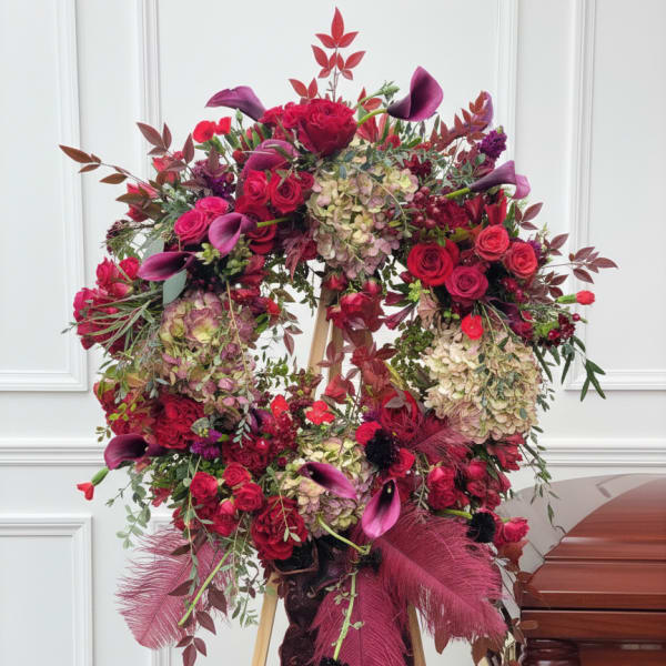 Large red floral wreath on an easel beside a casket