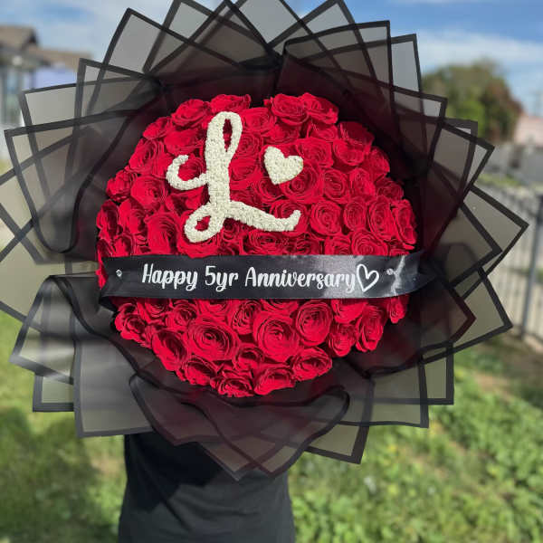 Red Ramo Buchon with Initial & Ribbon