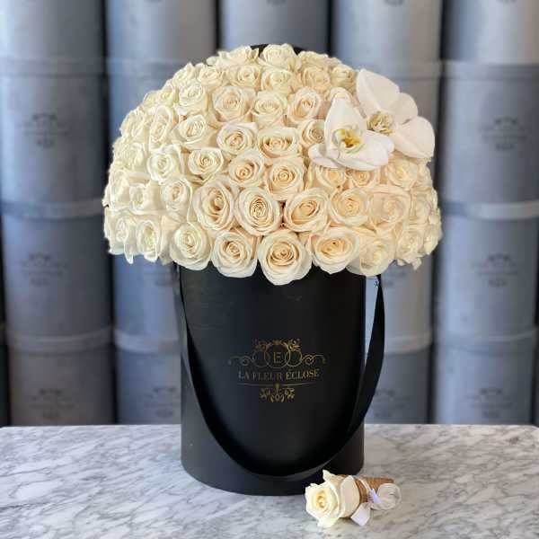 Cream rose bouquet in a black hatbox with a white orchid accent