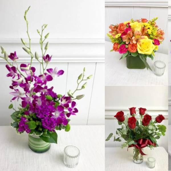 Collage of colorful floral arrangements in vases and a box.