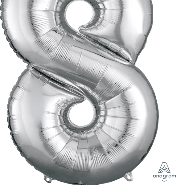 Silver foil balloon shaped like the number 8