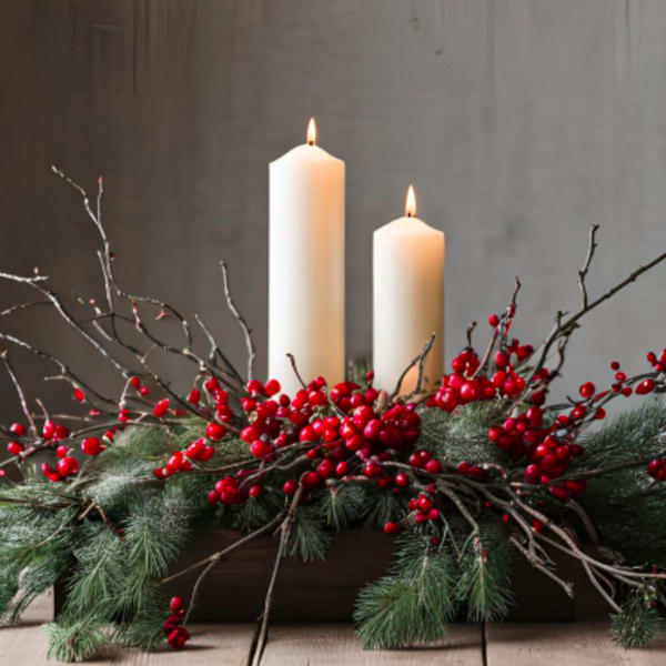 Two lit pillar candles in a pine and red berry centerpiece
