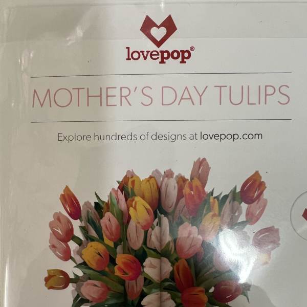 Box of mixed tulips labeled Mother's Day Tulips