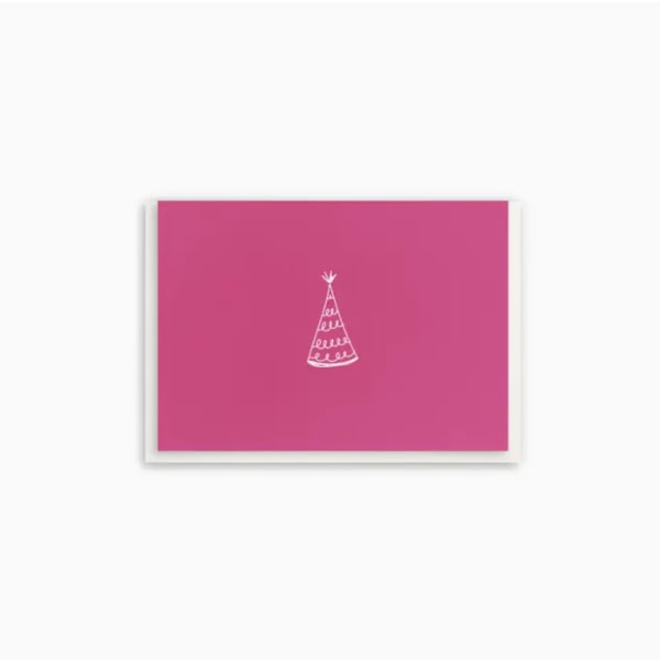 Pink greeting card with a white party hat icon