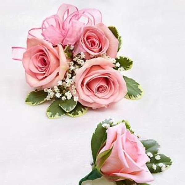 Pink Rose Corsage and Boutonniere Bundle
