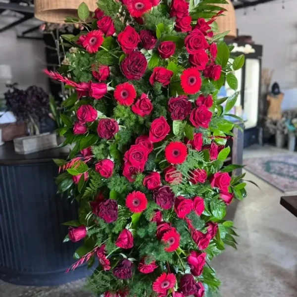 All-Red Standing Spray – Massive Funeral & Casket Flower Arrangement