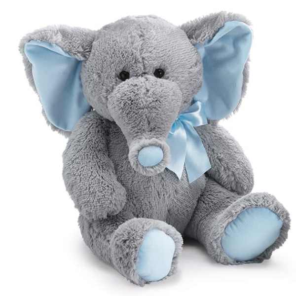 Gray plush elephant with light blue ears and ribbon