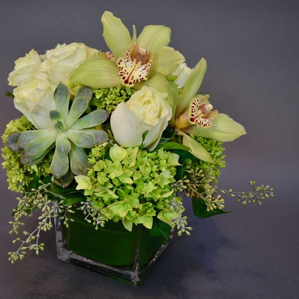 Green and white floral arrangement in a square glass vase