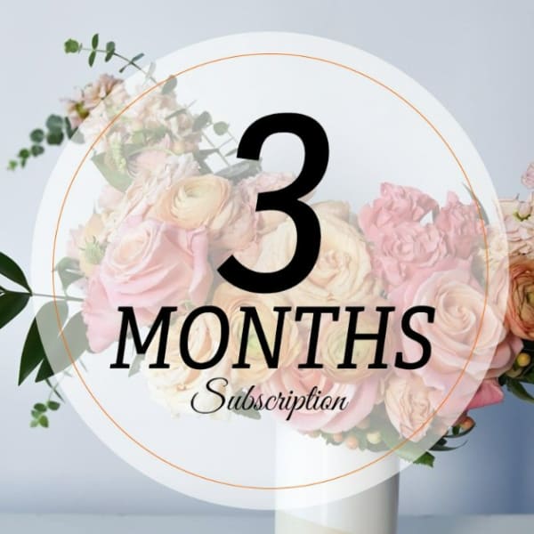 Pastel pink and cream rose bouquet with eucalyptus and "3 MONTHS Subscription" text