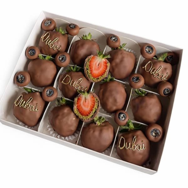 Box of chocolate-covered strawberries with Dubai lettering
