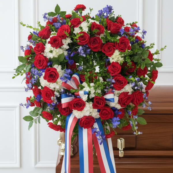 Red rose funeral spray with white flowers and red, white, and blue ribbons