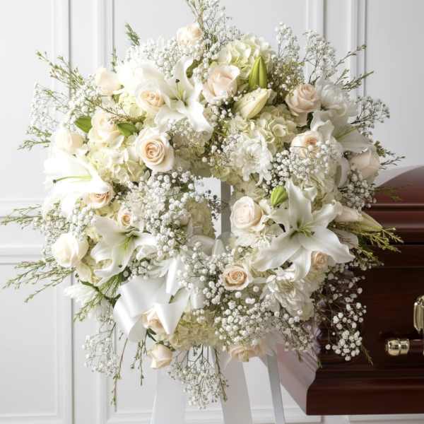 White floral funeral spray on a stand beside a casket