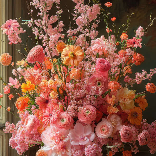 Tall pink and orange floral arrangement in a peach vase