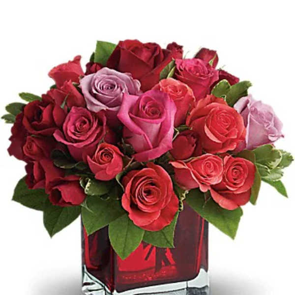 Bouquet of red and pink roses in a square glass vase
